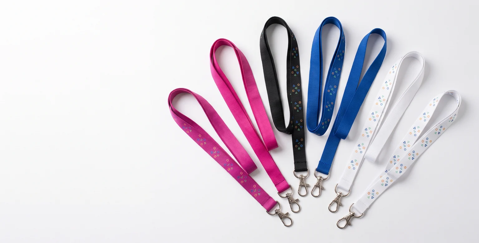 Ocho cordones de cuello en abanico: magenta, negro, azul y blanco, lisos y serigrafiados, con mosquetón metálico