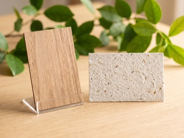 Tarjeta de madera natural junto a otra de fibra reciclada, entre hojas verdes