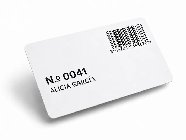 Tarjeta blanca con el número 0041, el nombre Alicia García y un código de barras EAN impresos