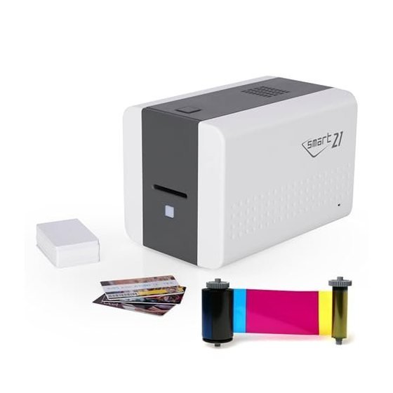 Impresora de tarjetas IDP Smart 21 con rollo de ribbon a color y tarjetas impresas