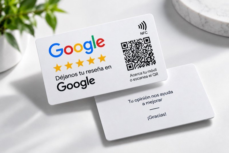 Anverso y reverso de una tarjeta para reseñas de Google, con el símbolo NFC y un código QR