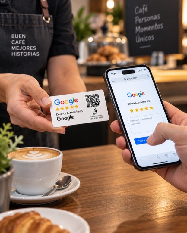 Tarjeta NFC con código QR para reseñas de Google junto a un móvil que abre la página de reseñas, en el mostrador de una cafetería