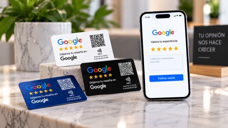 Tres tarjetas NFC para reseñas de Google en blanco, negro y azul, con código QR, junto a un móvil