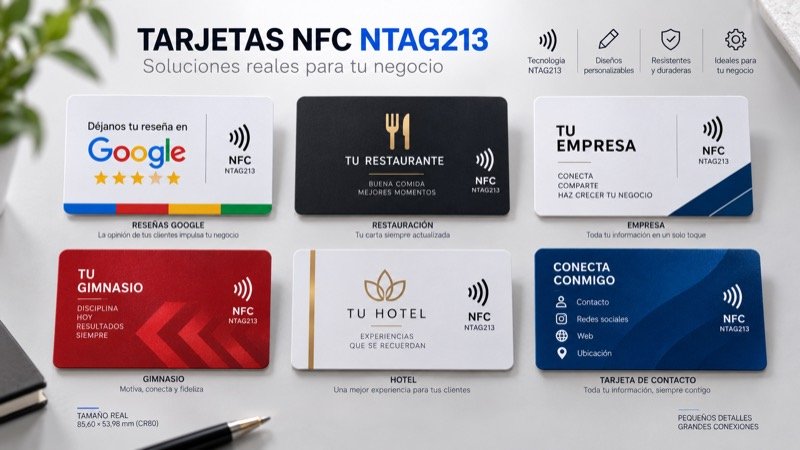 Ilustración con seis diseños de tarjetas NFC NTAG213 para distintos usos: reseñas de Google, restauración, empresa, gimnasio, hotel y tarjeta de contacto