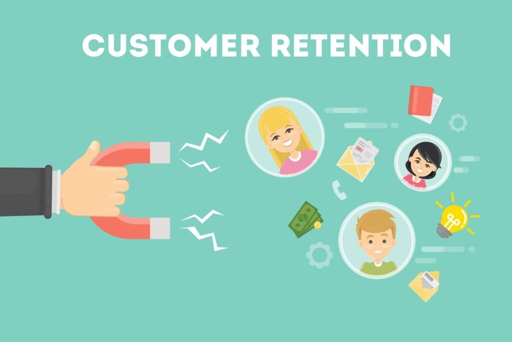 Ilustración de fidelización: un imán atrae perfiles de clientes bajo el rótulo "customer retention"