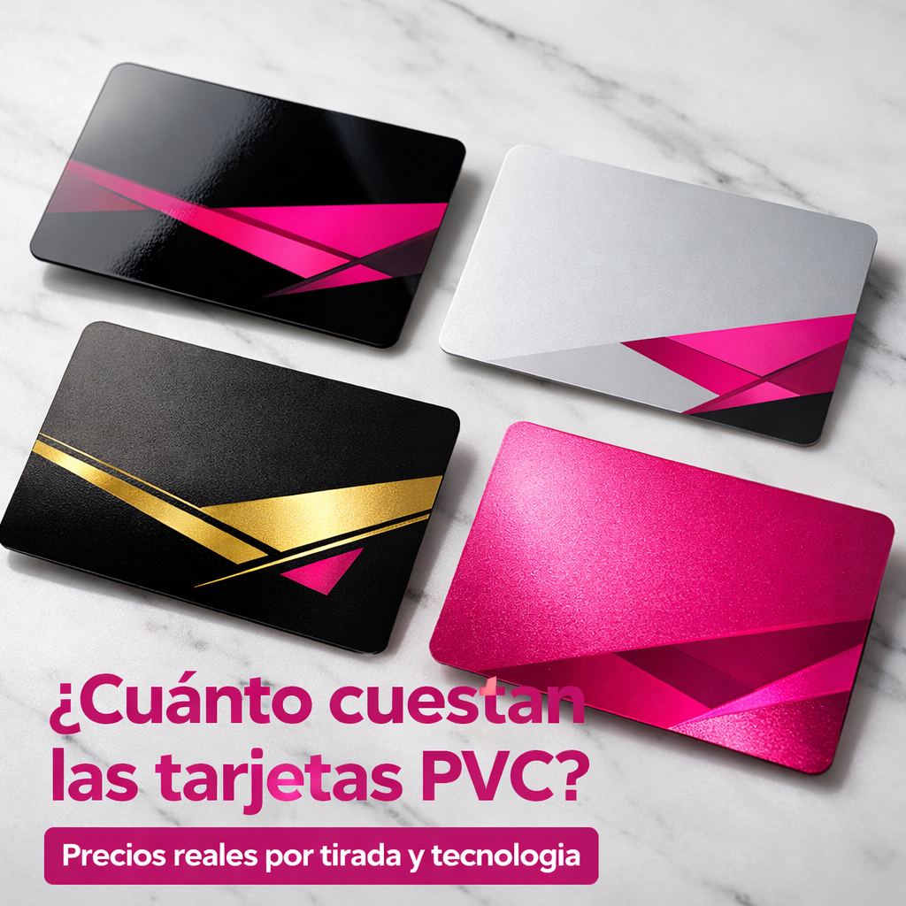 Tarjetas pvc personalizadas en diferentes tiradas sobre fondo neutro mostrando distintos acabados y tecnologías disponibles