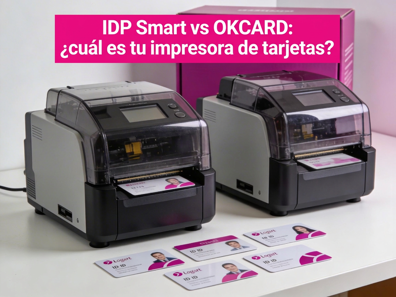 Dos impresoras de tarjetas pvc compactas sobre mesa de trabajo profesional con tarjetas pvc impresas en color en primer plano