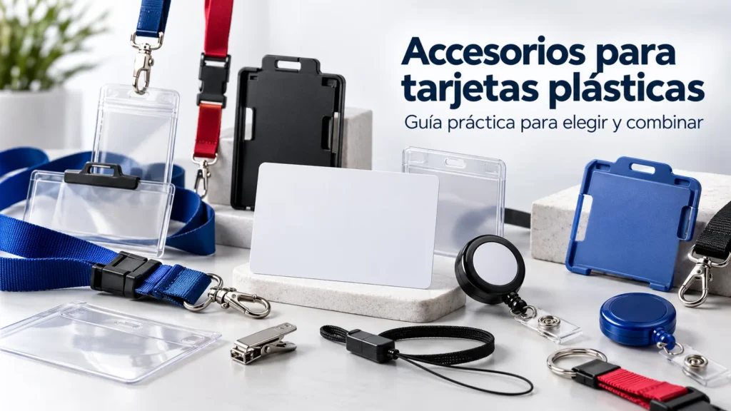 accesorios para tarjetas plásticas como cordones, fundas rígidas, blandas, clips y yoyos sobre una mesa blanca