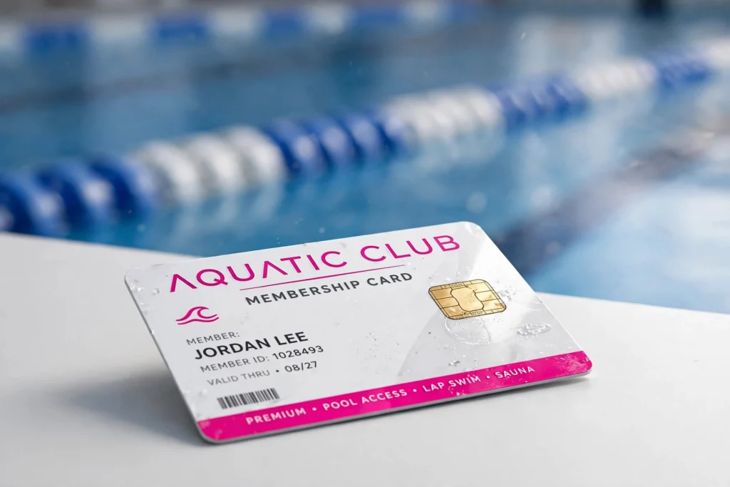 Carnet de socio con chip de un club acuático, junto a una piscina