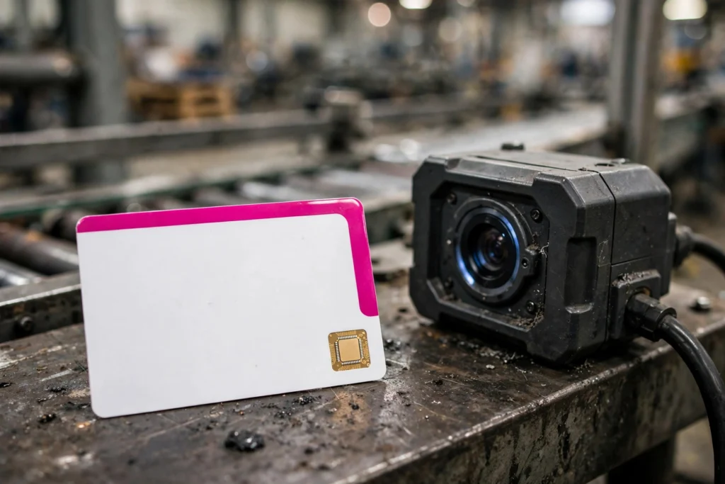 Tarjeta con chip y franja magenta apoyada junto a una cámara industrial en una nave