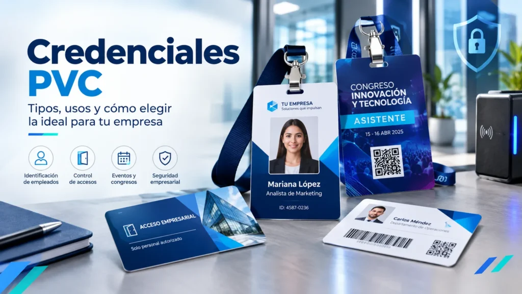 Varias credenciales de PVC con banda magnética, chip y código QR, dispuestas en abanico sobre una mesa blanca