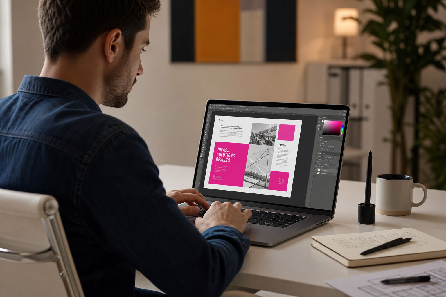 Man in a denim shirt types on a laptop showing a magazine layout with magenta panels and grayscale photos on a desk writers setup