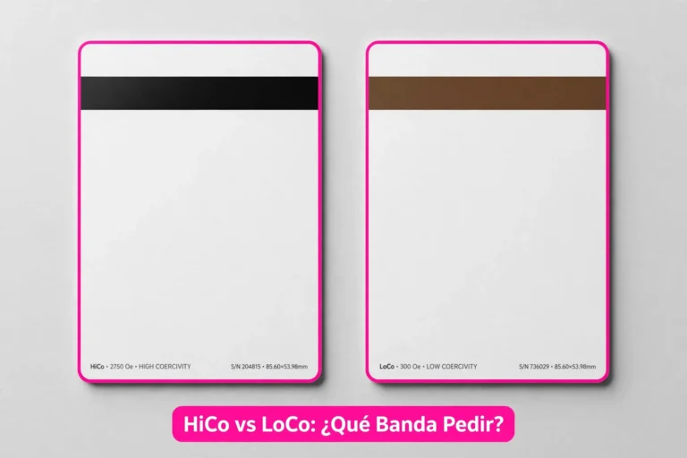 Comparativa visual de tarjeta PVC con banda magnética HiCo negra y banda LoCo marrón, mostrando la diferencia de codificación