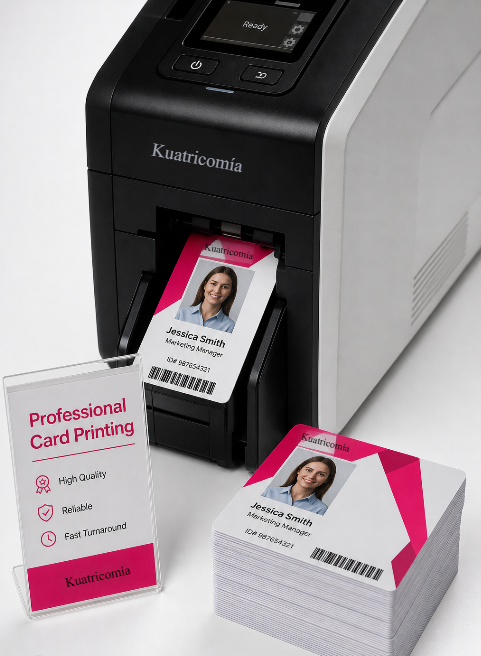Impresora de tarjetas pvc junto a una pila de carnets impresos comparando coste de equipo propio frente a fabricación externa