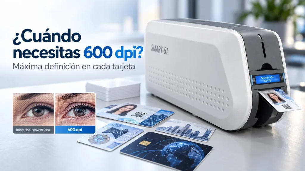 Primer plano de una impresora de tarjetas imprimiendo una credencial con foto y microtexto