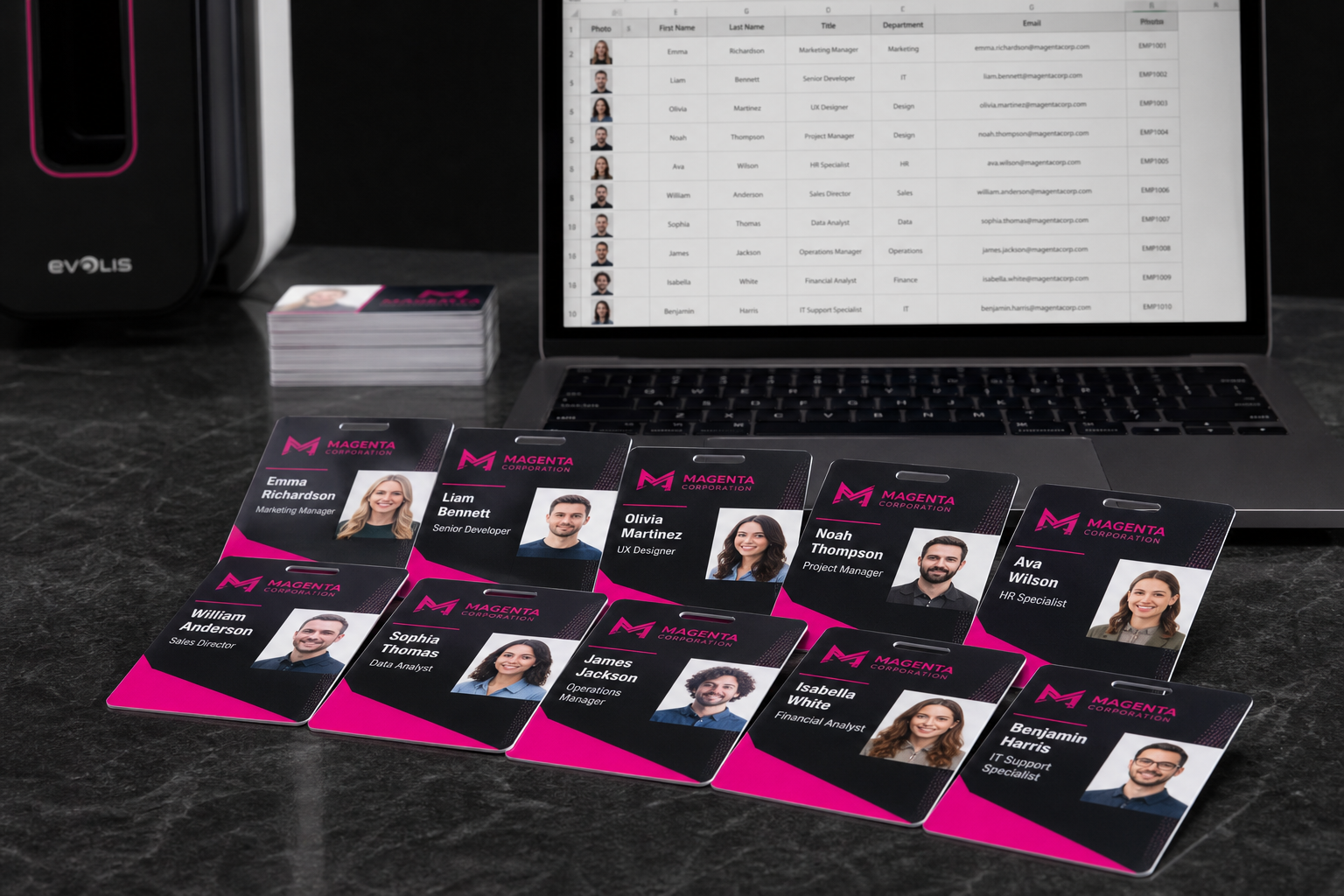 Several magenta corporation employee id cards with photos and titles spread on a dark desk a laptop in the background