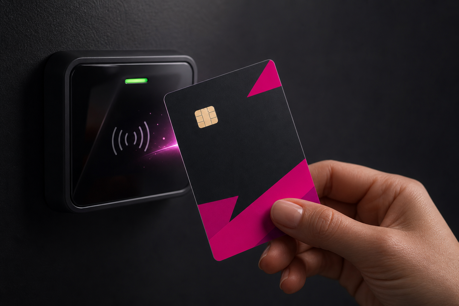 Hand holding a black payment card with pink corners near a contactless card reader with a green indicator light