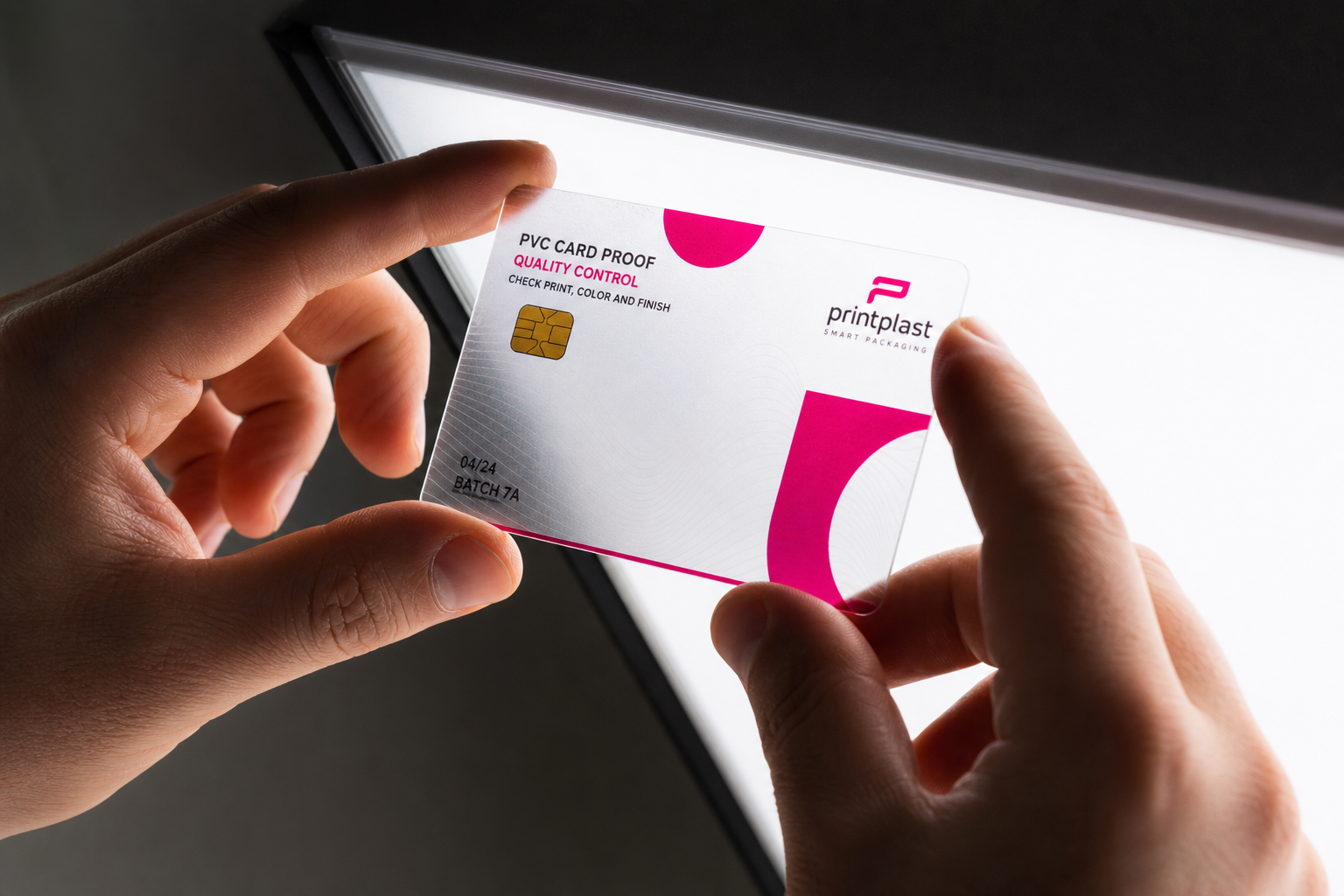 Hands hold a pvc card proof over a lightbox showing pvc card proof text and the printplast logo on the right