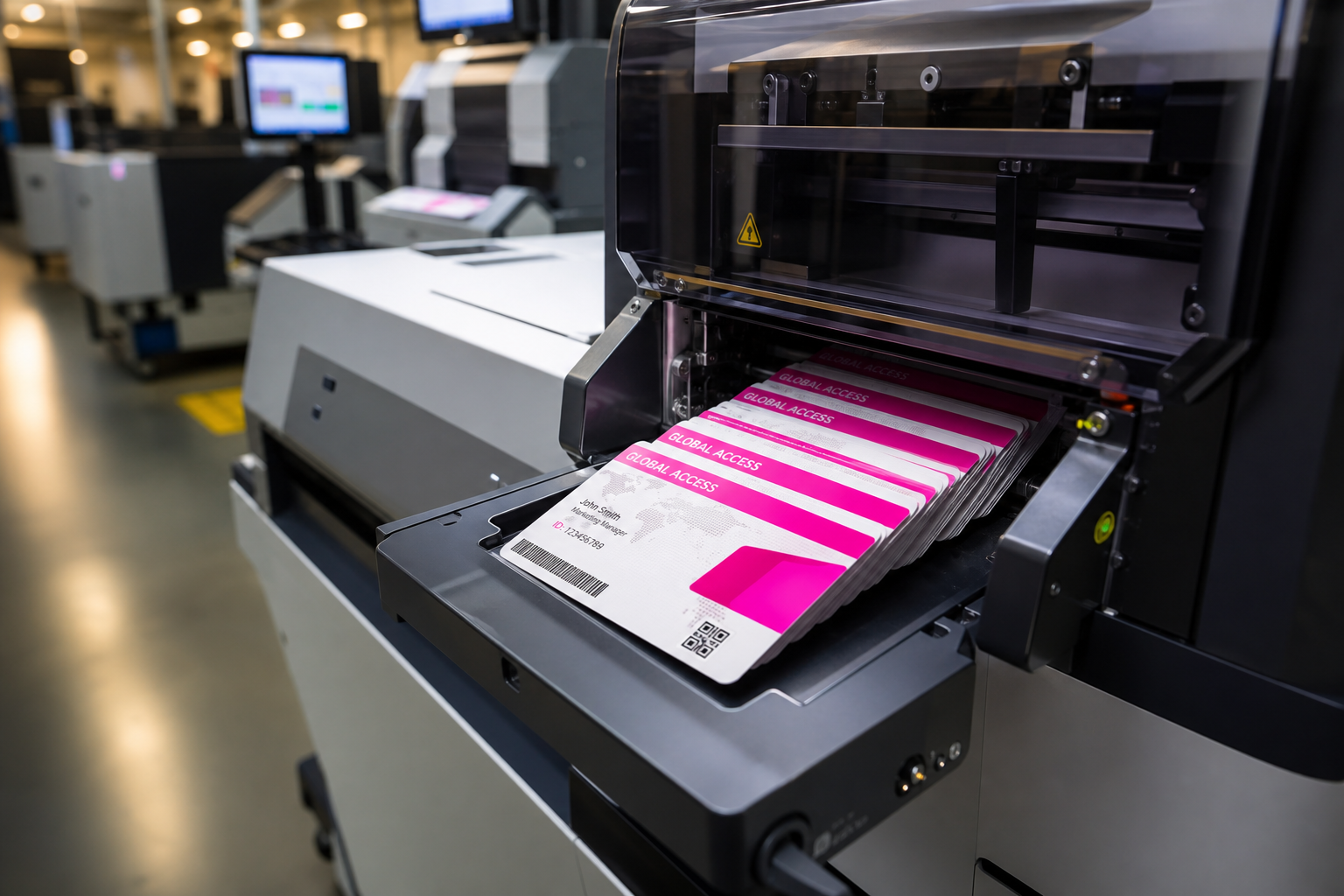 Industrial card printer ejecting pink and white id badges labeled global access with one badge showing the name john smith being printed