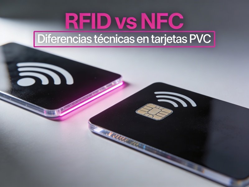 Dos tarjetas pvc con chip rfid y nfc sobre superficie profesional con detalles en rosa magenta mostrando diferencias entre tecnologías contactless