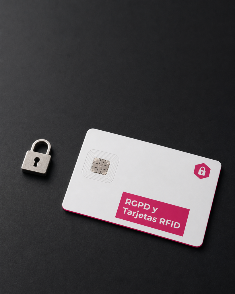 Tarjeta blanca con chip junto a un candado metálico, con el rótulo "RGPD y tarjetas RFID"