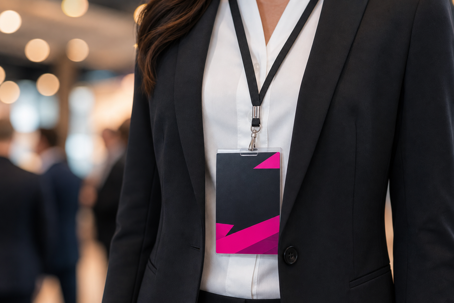 Business professional wearing a black blazer and white blouse with a pink geometric badge on a lanyard at a conference this alt describes the badge and attire not a specific person