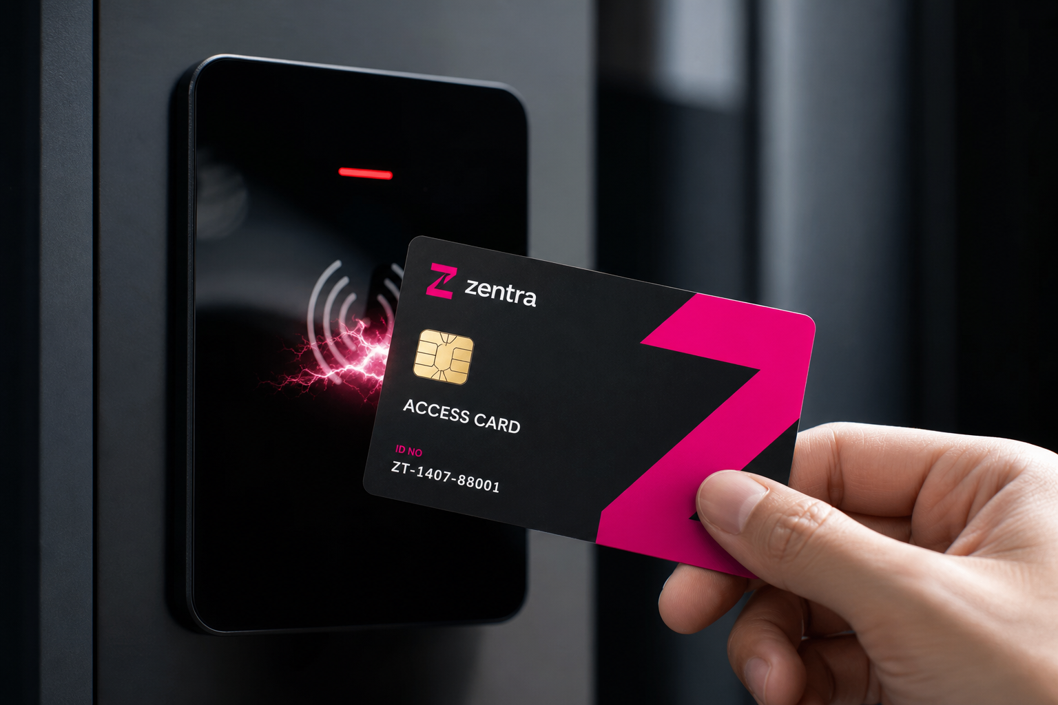 Hand holding a zentra access card near a door reader during access activation