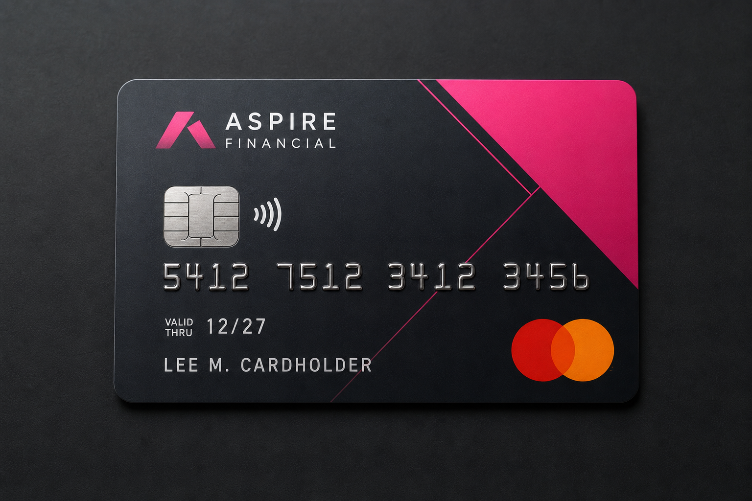 Dark aspire financial credit card with pink geometric accents mastercard logo and contactless symbol shows cardholder name and number detail lee m cardholder