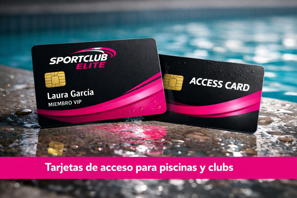 Dos tarjetas de acceso para piscinas y clubs deportivos junto al borde de una piscina