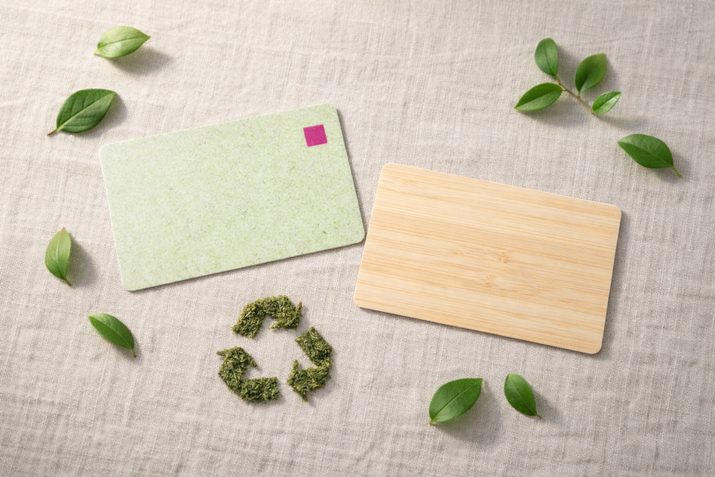 Dos tarjetas ecológicas, de fibra vegetal y de madera, junto a hojas y el símbolo de reciclaje