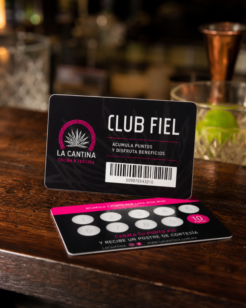 Tarjeta de fidelización de un restaurante con casillas de sellos, sobre la barra de un bar