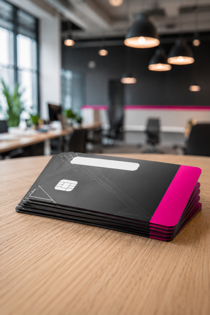 Pila de tarjetas negras con canto magenta sobre una mesa en un espacio de coworking
