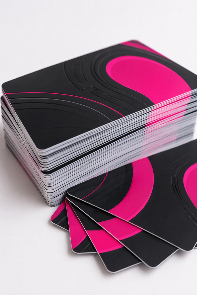 Pila de tarjetas de PVC negras y magenta correspondiente a una tirada grande