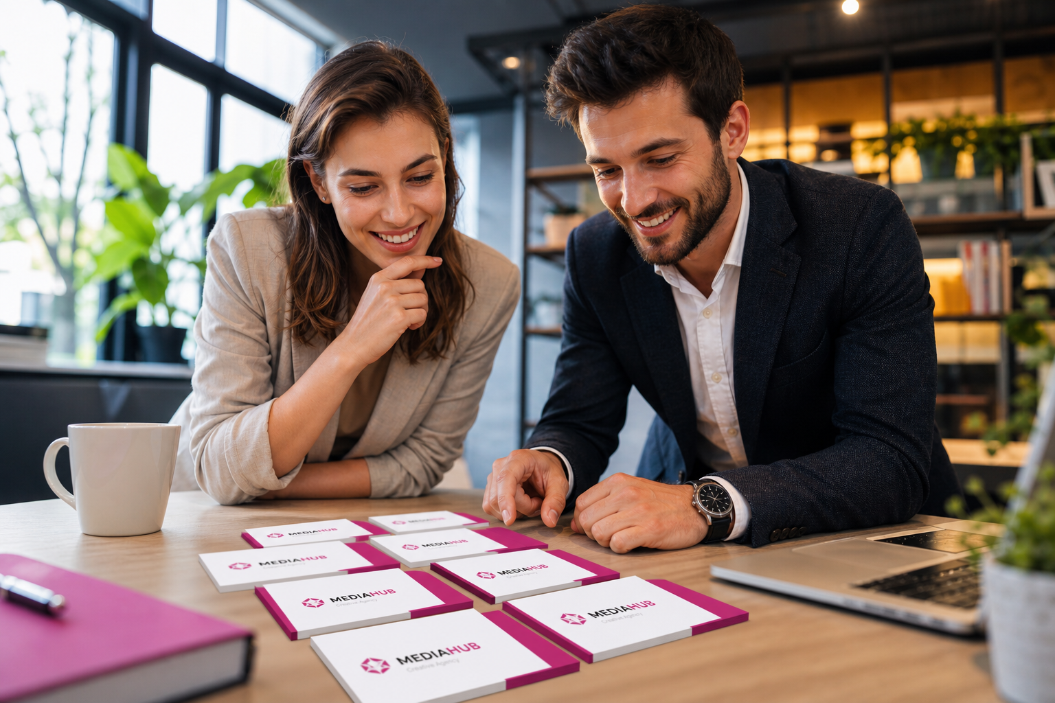 Emprendedores revisando tarjetas pvc personalizadas sin mínimo en coworking