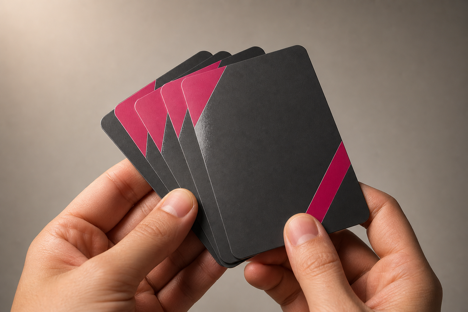 Hands holding a fanned spread of dark cards with pink diagonal accents like a card deck or set of businesscredit cards