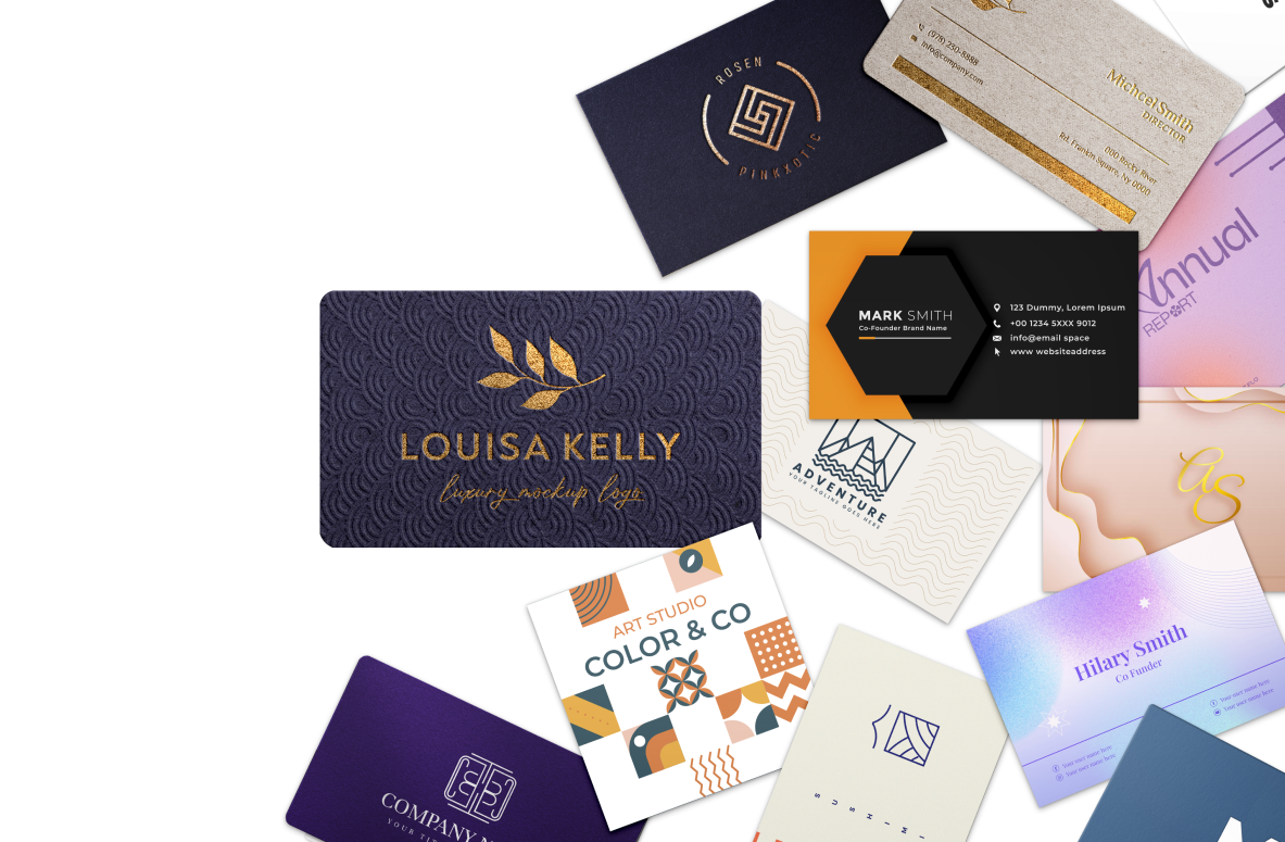 Collection of colorful business cards scattered on a black background, showcasing various logos and brand designs.